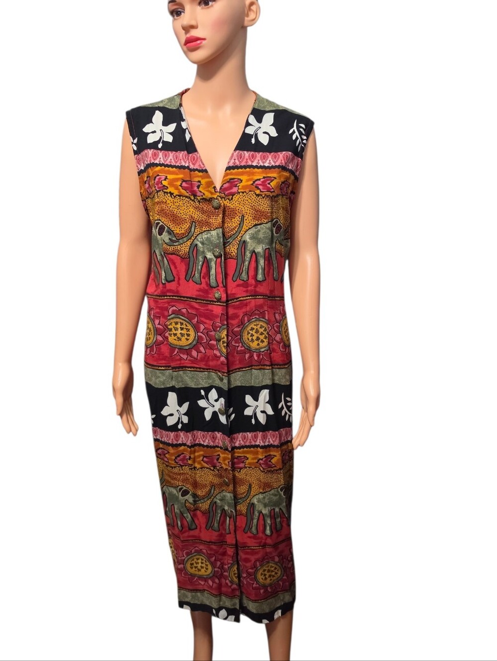 Vintage 90's Betsy's Things Boho Safari Floral Art Teacher Midi Dress Sz L